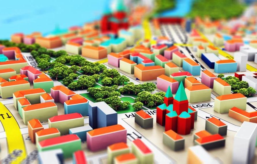 创意抽象GPS卫星导航, travel, 旅游定位路线规划业务理念:微缩彩色城市地图的宏观视图3D渲染插画，具有选择性聚焦效果的3D建筑 